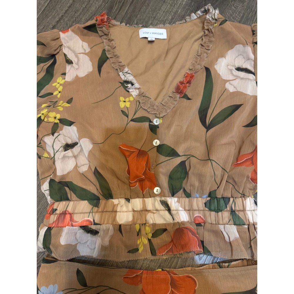 Lost + Wander Floral Print Two-Piece Set‎ Ruffle Trim Long Sleeve Size S NWT